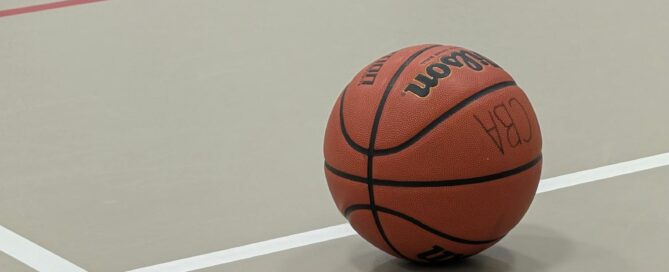 Close-up of a basketball resting on an indoor court in Nova Scotia.
